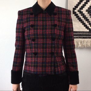 Vintage 90s Plaid Short Peacoat Wool Velvet Trim